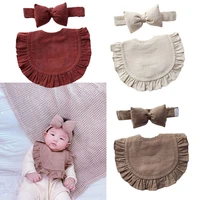 2pcs baby bib and bow headband set solid color ruffles newborn infant saliva towel burp cloths hair band feeding smock