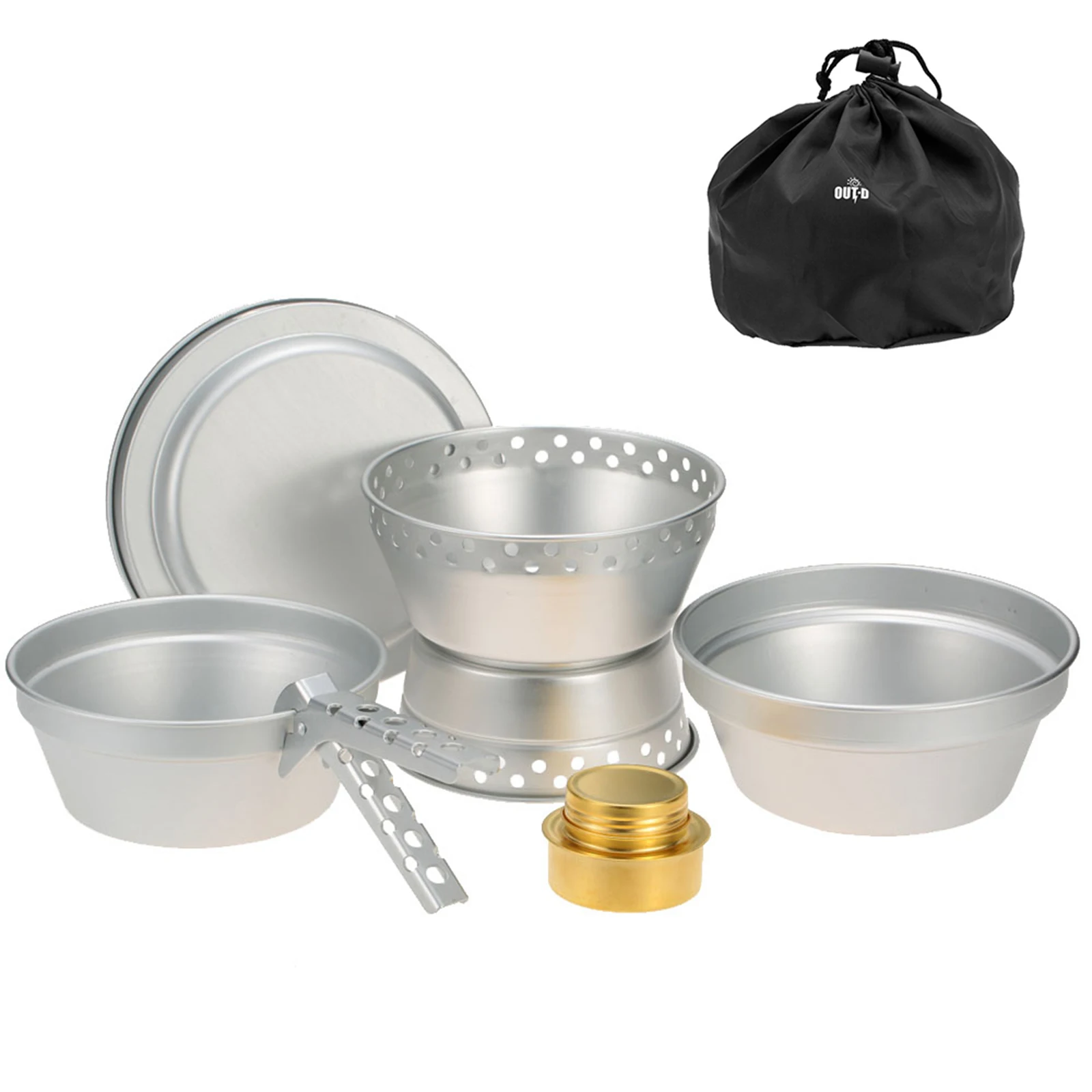 

Портативная посуда для кемпинга, набор для беспорядка, спиртовая плита, спиртовая горелка с подставкой, кастрюля, сковорода с захватом, откр...