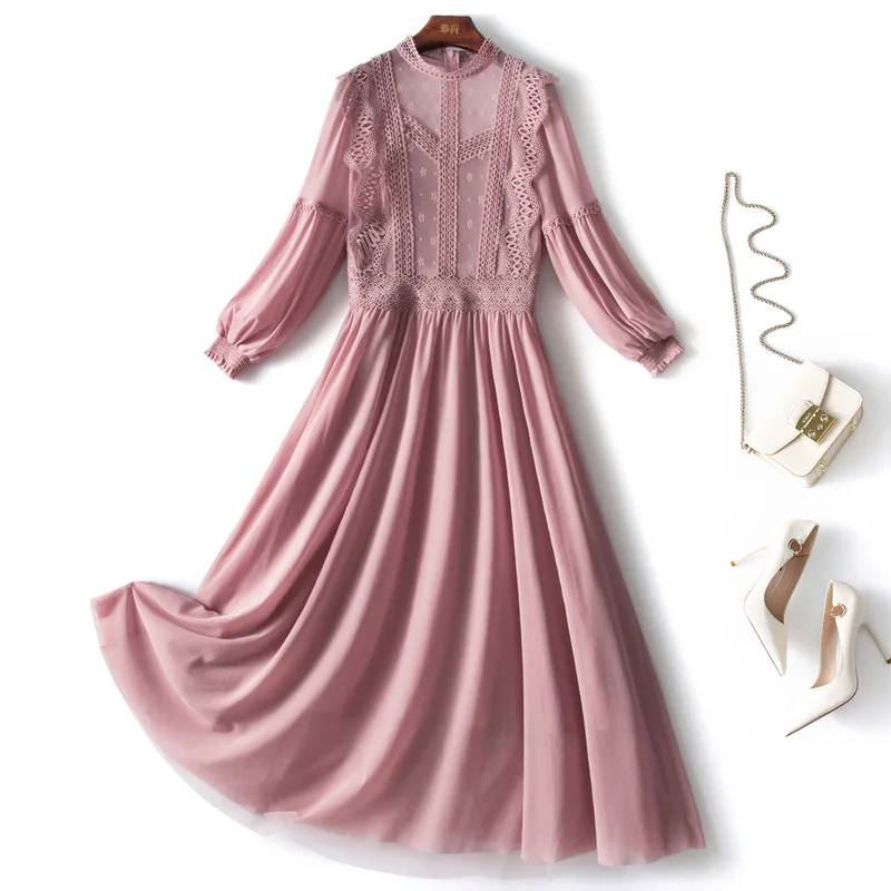 

Женское Сетчатое платье с длинным рукавом, розовое ажурное платье составного кроя с воротником-стойкой и оборками, осень 2021