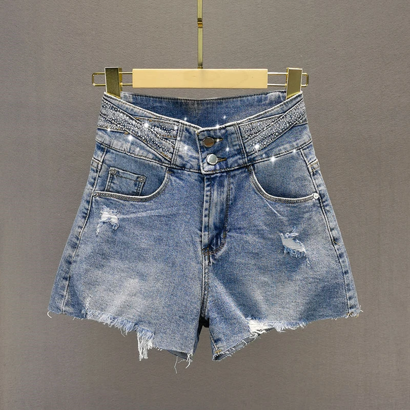 

Blue Holes Denim Shorts Women's 2021 Summer New Cotton Elastic Hot Drilling Waist Jeans Hot Pants Girls Jean Shorts Femme Jean