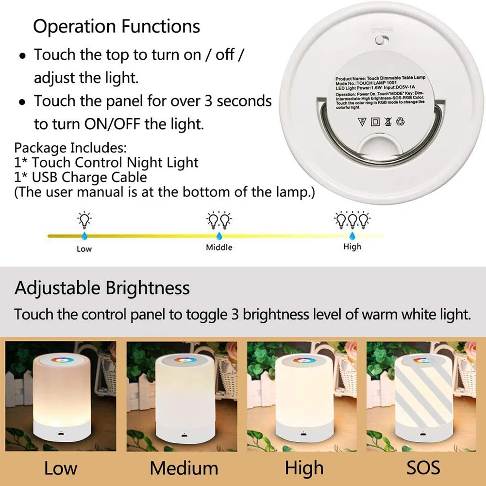 

RGB Color Changing Night Light Dimmable Touch Control USB Rechargeable Bedside Table Lamp LED Night Lamp Home Decor