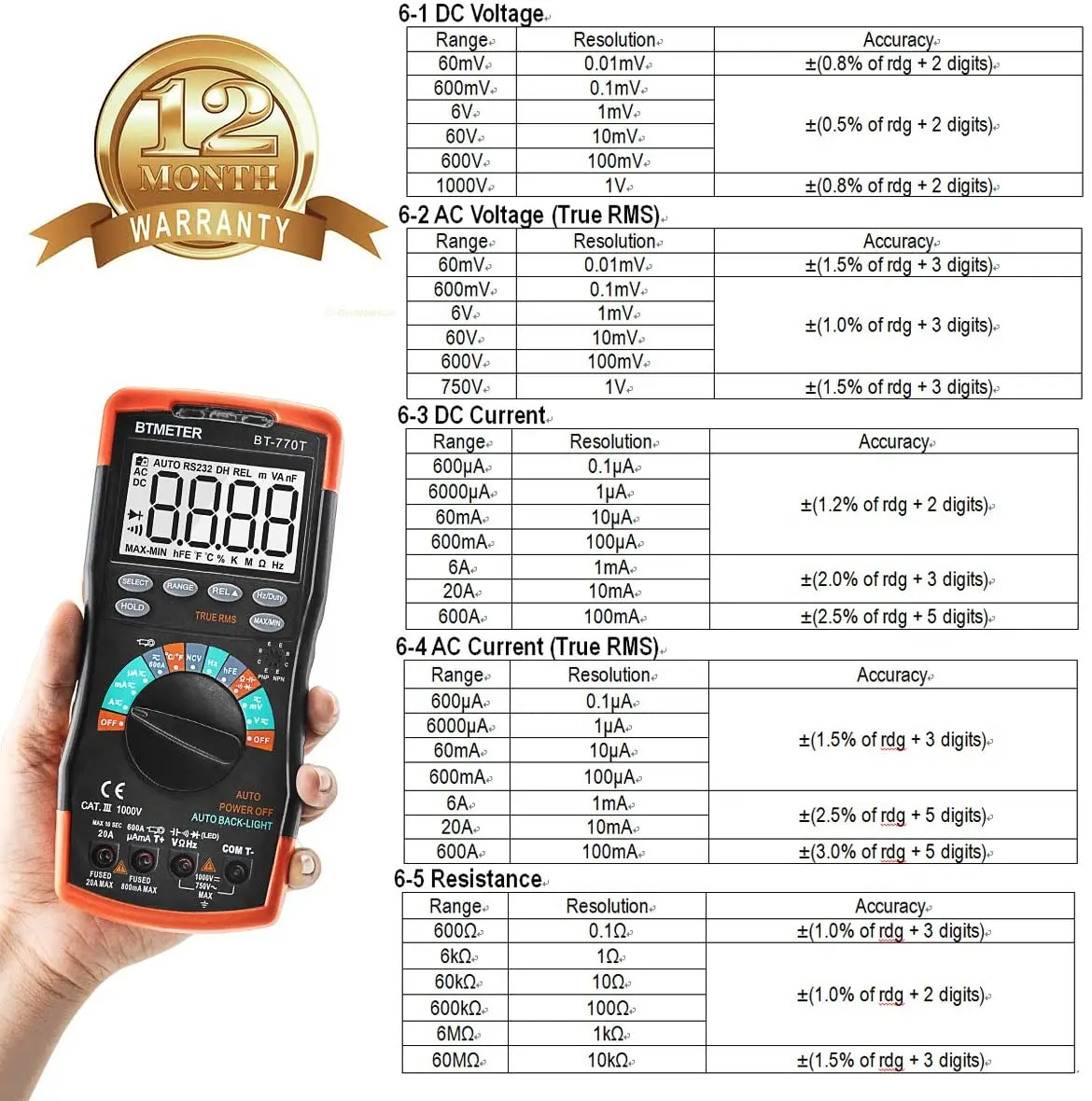 True RMS Digital Multimeter Tester 6000 Counts Measure Voltage Current Amp Resistance Diodes Continuity Duty-Cycle Capacitance