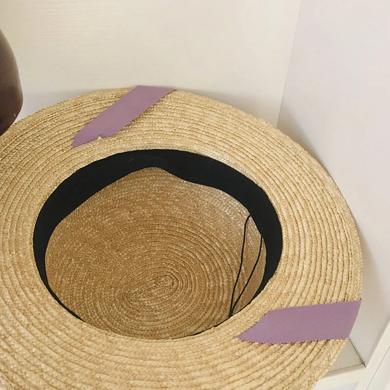 2021 New Fashion Women short Wide Brim Straw Hat Puple Lace Up Boater Hat Bowknot Band Summer Beach Hat Ladies Derby HolidayHat