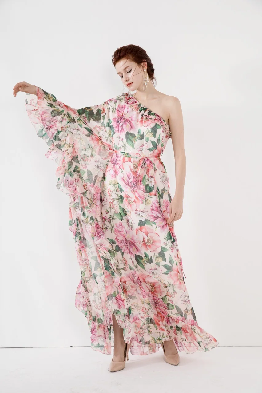 Женское модельное платье макси дизайнерское длинное на одно плечо с цветочным