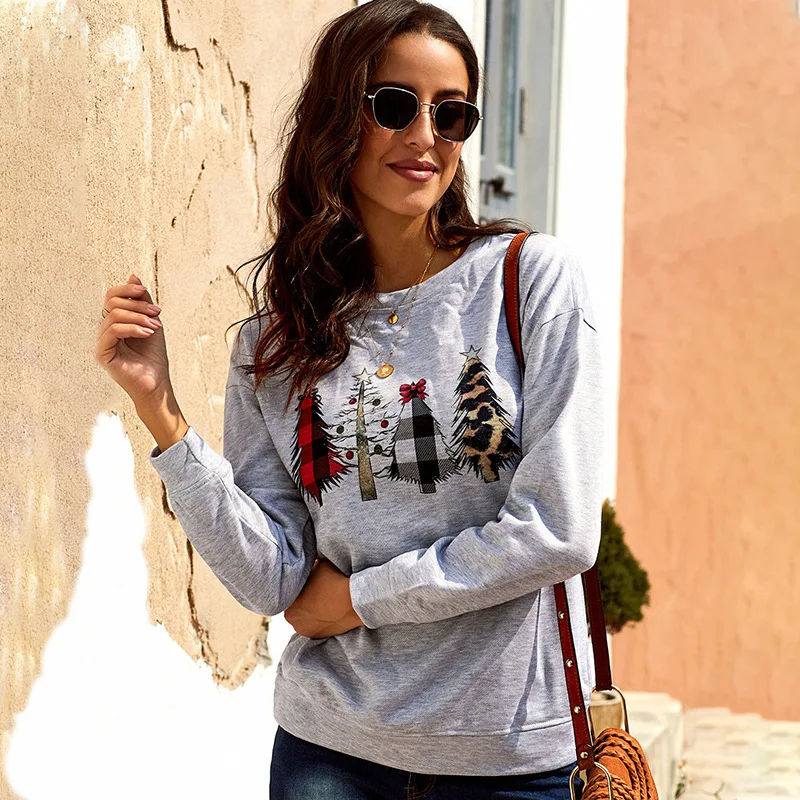 

European and American Long Sleeve Top Women's Autumn Winter New Round Neck Cartoon Pattern Printed Casual Christmas Sweater