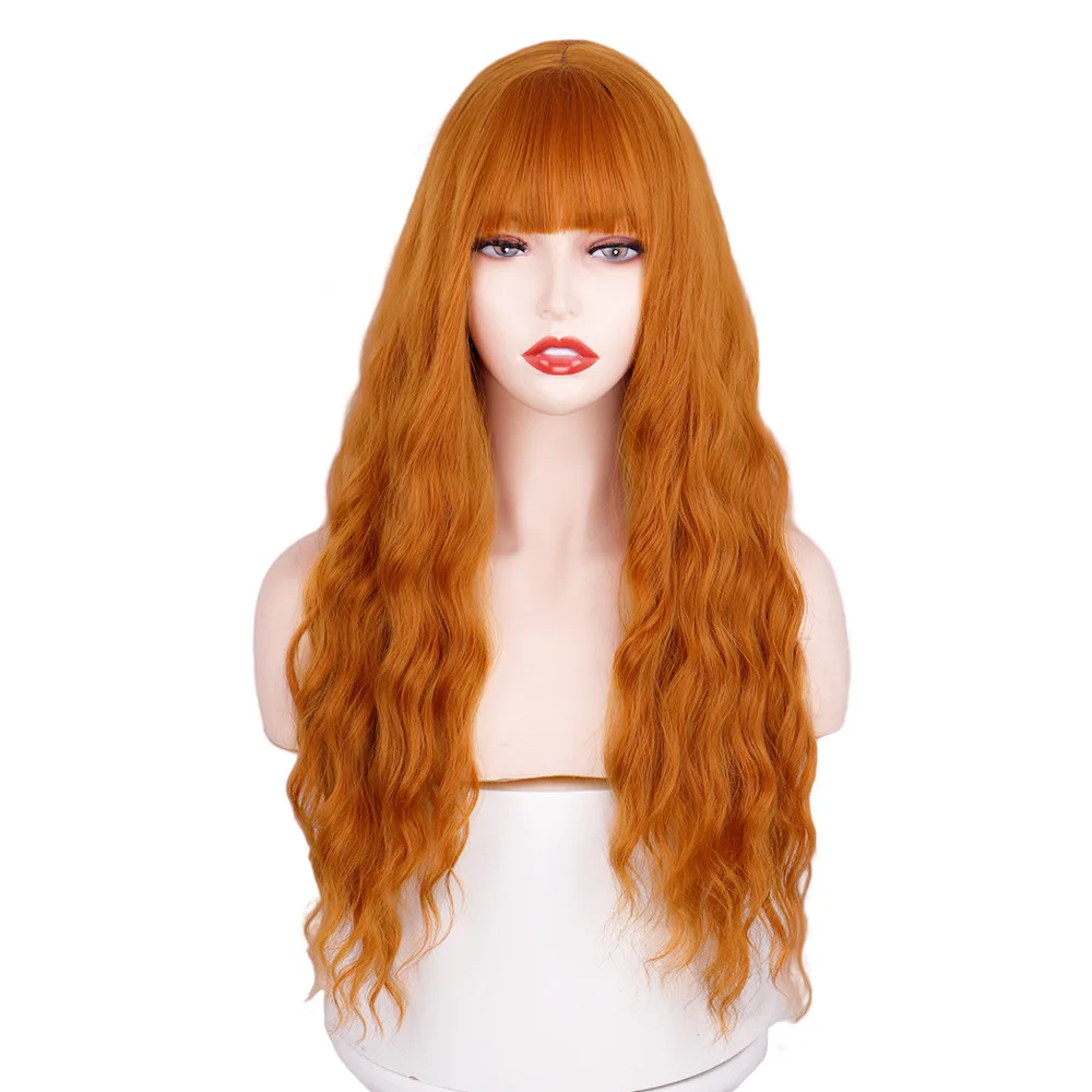 

Orange Ginger Color Long Loose Curly Wave Wigs for Fashion Women Copper Red Wigs Heat Resistant Synthetic Wigs with Bangs Domega