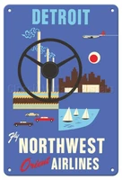 detroit motor city northwest orient 1950s vintage travel poster metal 20x30 tin sign