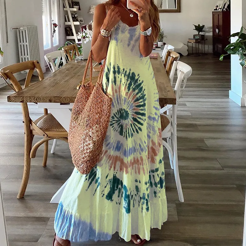 Bohemian Style Paisley Loose Women Dress 2020 Summer O-neck Ruffles Spaghetti Straps Maxi | Женская одежда