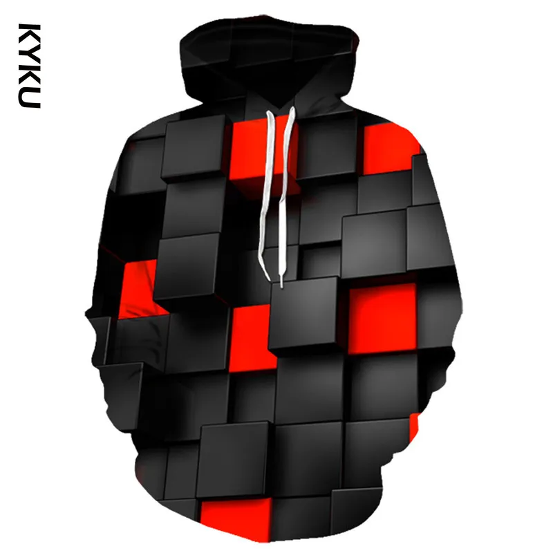 Мужская/Женская толстовка KYKU Красная с капюшоном и квадратным 3D принтом Осень