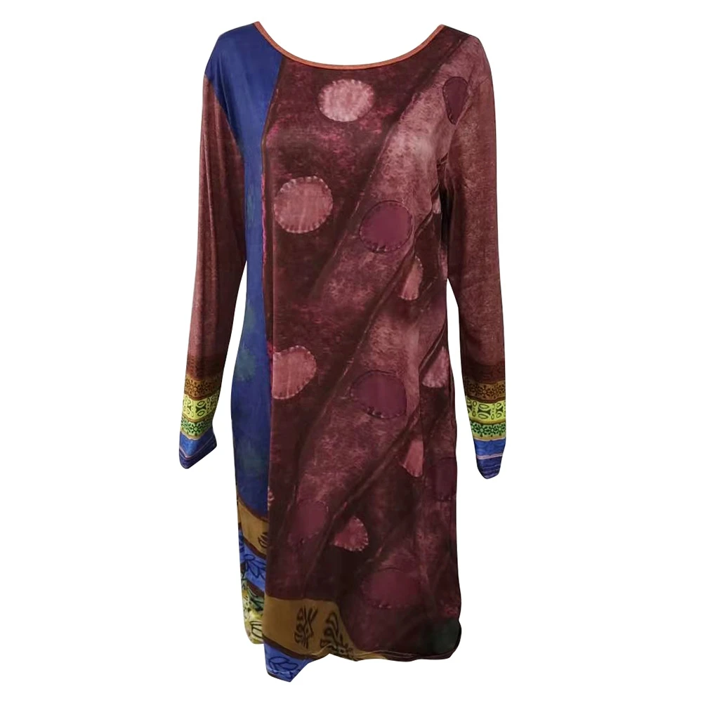 

2021 Lady New Fashion Women Casual Elegant Plus Size 2XL Retro Celebrity Printed Round Neck Long Sleeve Dress Female Dress