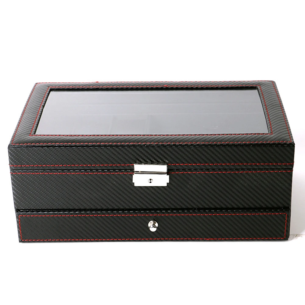 CdyBox коробка для часов из черной углеродистой кожи двойная ювелирных изделий
