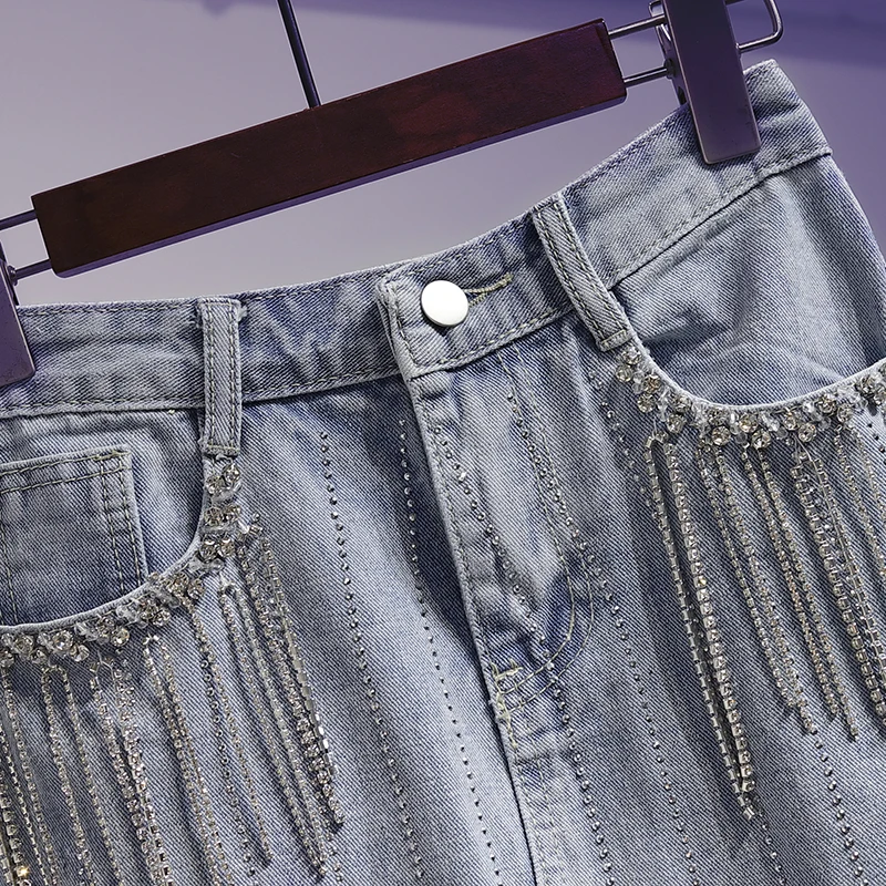 Плюс размер 5XL! Летняя Модная Джинсовая юбка Женская высокая талия Алмазная