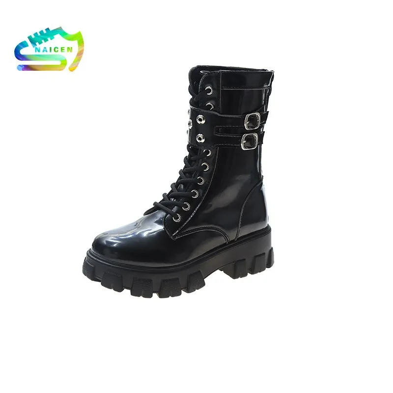 

NAICEN Platform Patent Leather Boots Rivet Women Autumn Punk Motorcycle Boots Block Heel Gothic Platform Shoes Women Ankle Boots