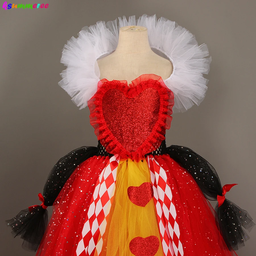 Girl Queen of Hearts Costume Wonderland Fairy Tale Fancy Dress Sparkly Kids Evil Red Queen Tutu Dress Halloween Villain Clothes