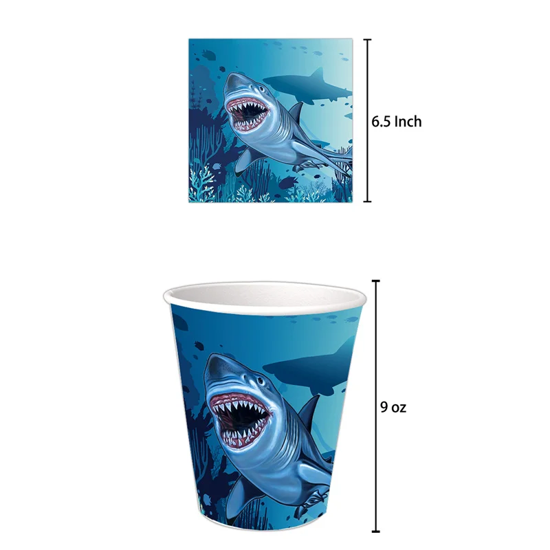 Platos de cumplea&ntilde;os con tem&aacute;tica de tibur&oacute;n para ni&ntilde;os, vasos, servilletas, conjunto de decoraci&oacute;n para fiesta, vajilla desechable para cumplea&ntilde;os, vajilla para fiesta al aire libre-2