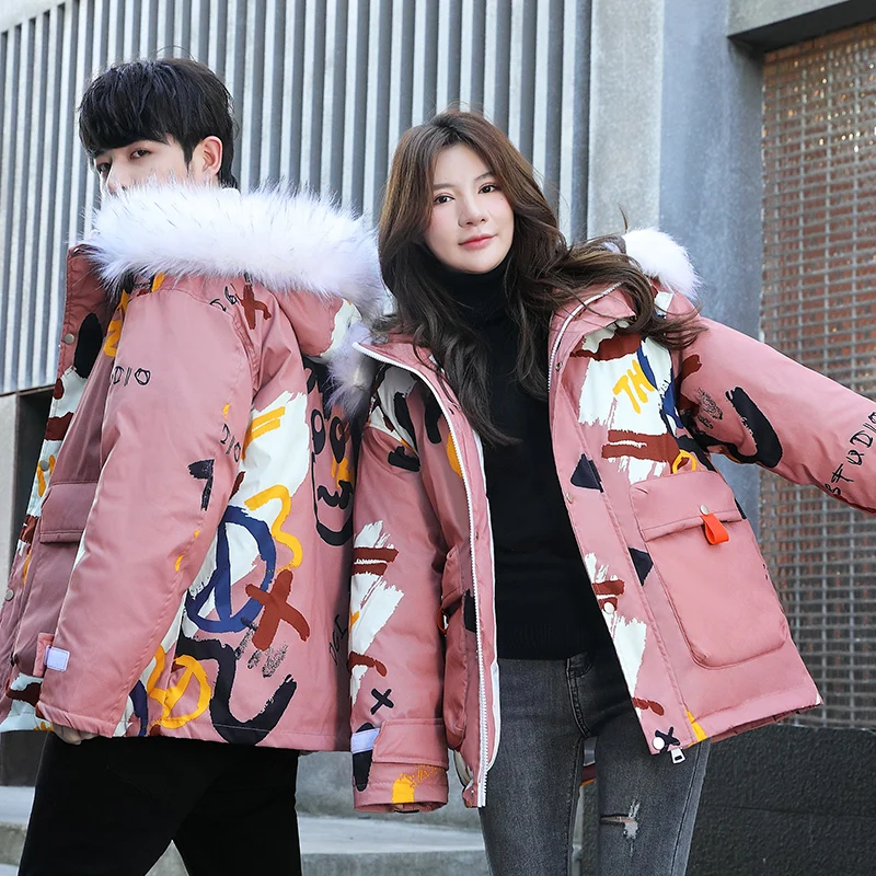 Fashion Cold Autumn Couple Bread Parkas Faux Fur Collar Cotton-Padded Jackets Winter Men's Loose Hooded Coats Outwear Top Cloth
