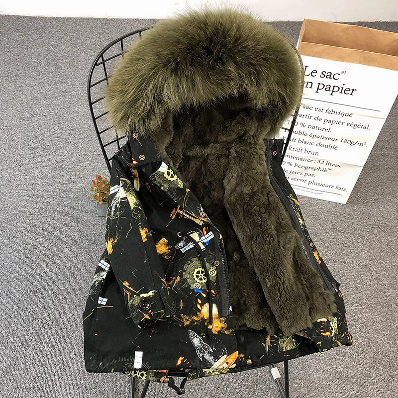 Style1 Army Green Меховые парки для русской зимы для мальчиков и девочек Съемный натуральный мех кролика Подкладка Толстая детская зимняя куртка пальто с капюшоном из натурального меха енота - Цвет: Style1 Army Green