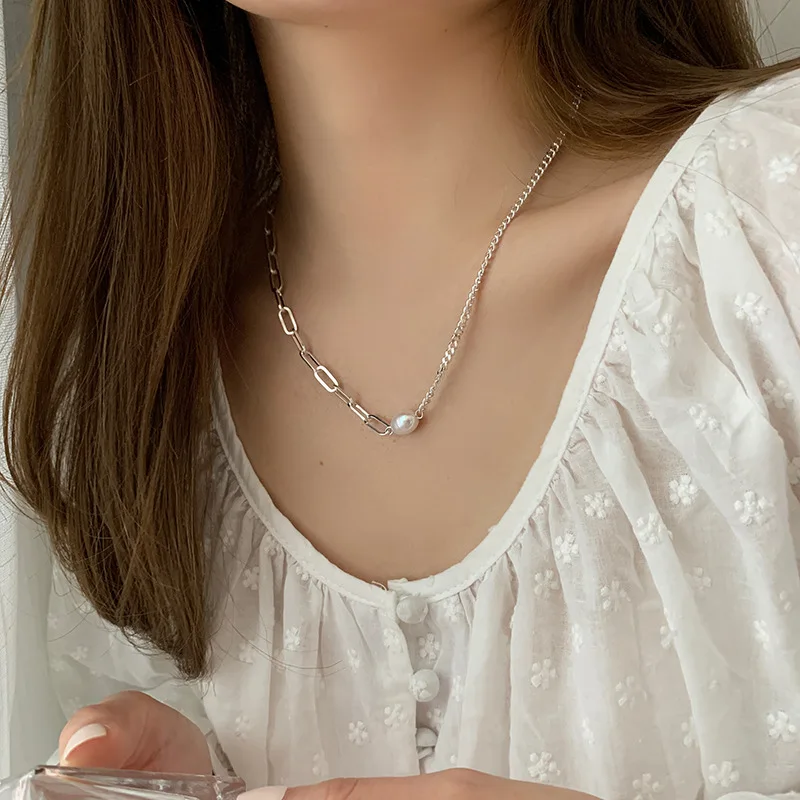 

Mewanry 925 Sterling Silver Asymmetric Chain Pearl Necklace for Women New Trend Simple Clavicle Chain Party Jewelry Gifts