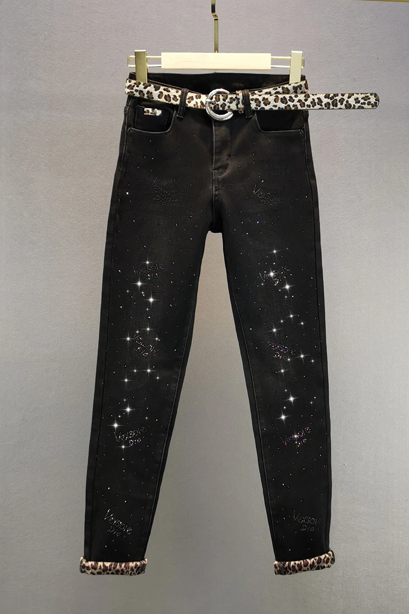 

Black Plus Velvet Thick Jeans Female 2020 New Winter Clothes High Waist Slim Rhinestones Skinny Pants Womens Stretch Jeans Jean