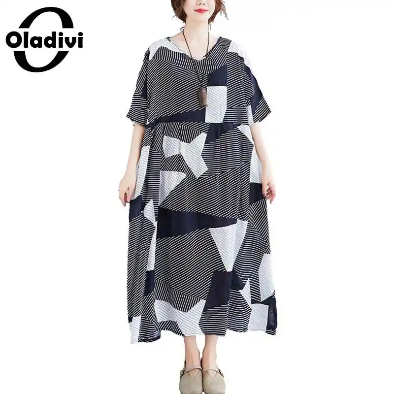 Oladivi размера плюс для женщин из хлопка и льна платье 4XL 5XL 6XL 7XL модный принт летнее