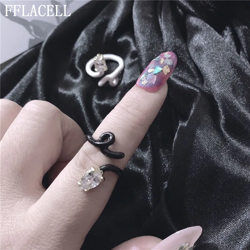 FFLACELL New Punk Gothic Design Black White Snake Rhinestone Open Geometric Adjustable Metal Rings for Women Party Jewelry Gifts | Украшения