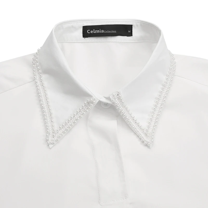 

Celmia Women's Casual Lantern Sleeve Shirts Elegant Lapel Pearl Tops 2021 Spring Fashion Solid Blouses Loose OL Blusas Plus Size