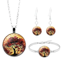 retro tree of life cabochon glass pendant necklace bracelet bangle earrings jewelry set totally 4pcs for womens birthday gifts
