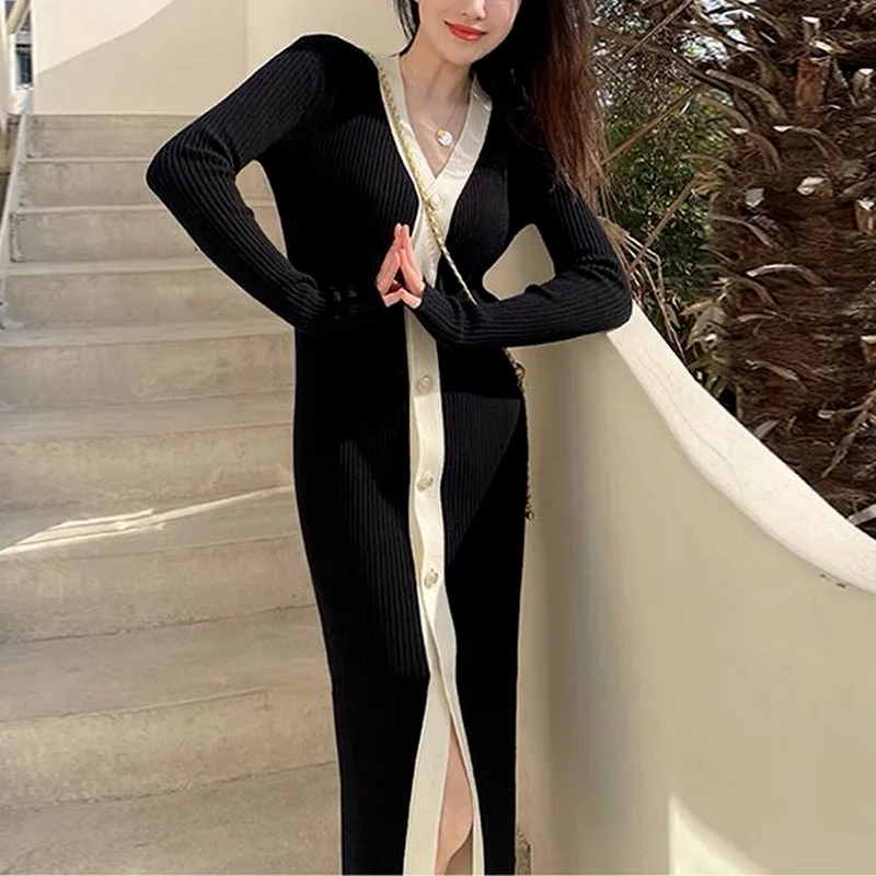 

Elegant Knitting Long Dress Korean One Piece Chic Designer Long Sleeve Dress Vintage Office Lady Hepburn Y2K Dress 2021 Autumn