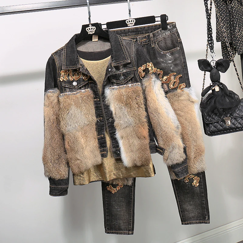 

Winter Fashion Women Denim Pants Real Rabbit Fur 2 Piece Set Long Sleeve Short Jacket + Little Feet Jeans Ladies Outfits H956