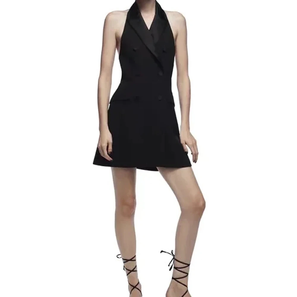 

Xikom женское сексуальное двубортное Черное мини-платье без рукавов, шикарное женское Деловое платье с лямкой на шее и открытой спиной
