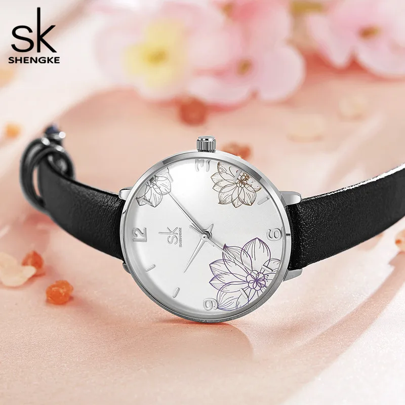 

SHENGKE Ultra-thin Women Watches Fashion Flowers Ladies Dress Quartz Wristwatch Waterproof Leather Luxury Clock Relogio Feminino