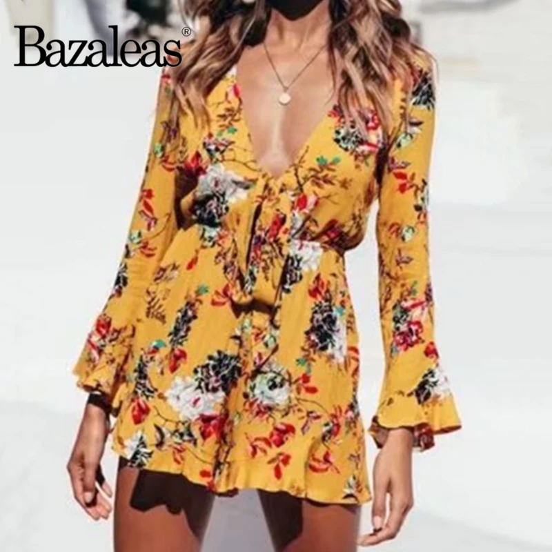 Женский комбинезон с цветочным принтом Bazaleas желтый глубоким v-образным вырезом