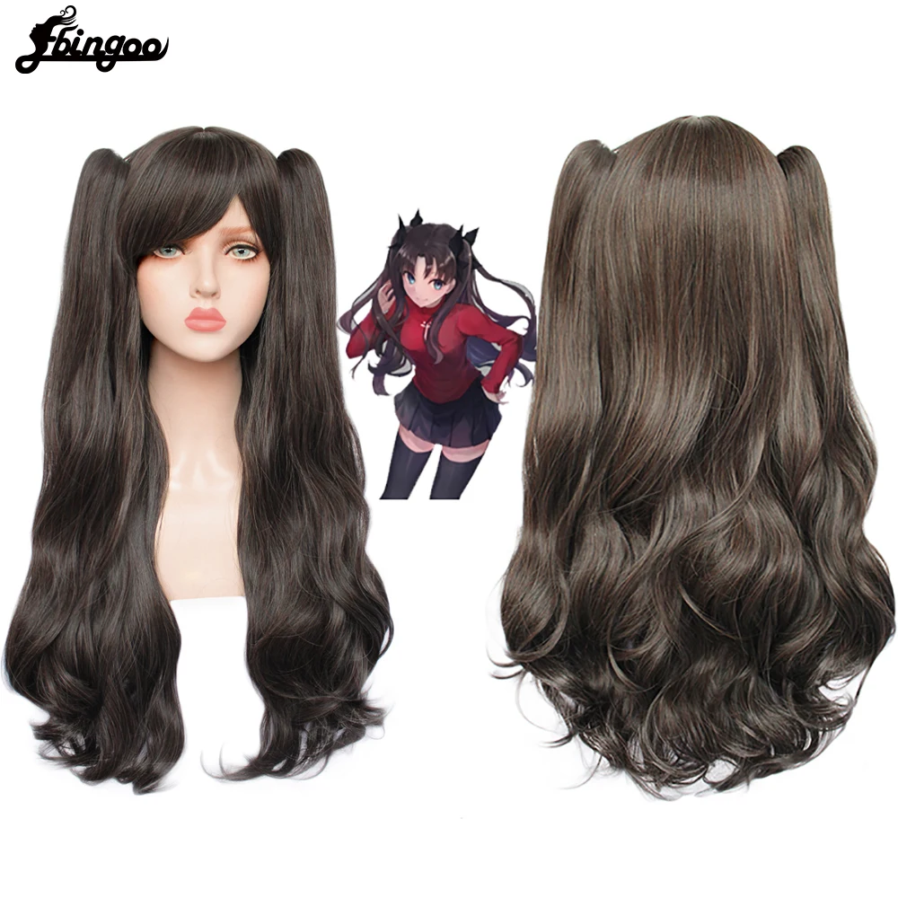 Ebingoo Tohsaka Rin Cosplay Wig Fate Grand Long Black Wave Hair Wig with Double Ponytail Synthetic Heat Resistant Fiber Wig