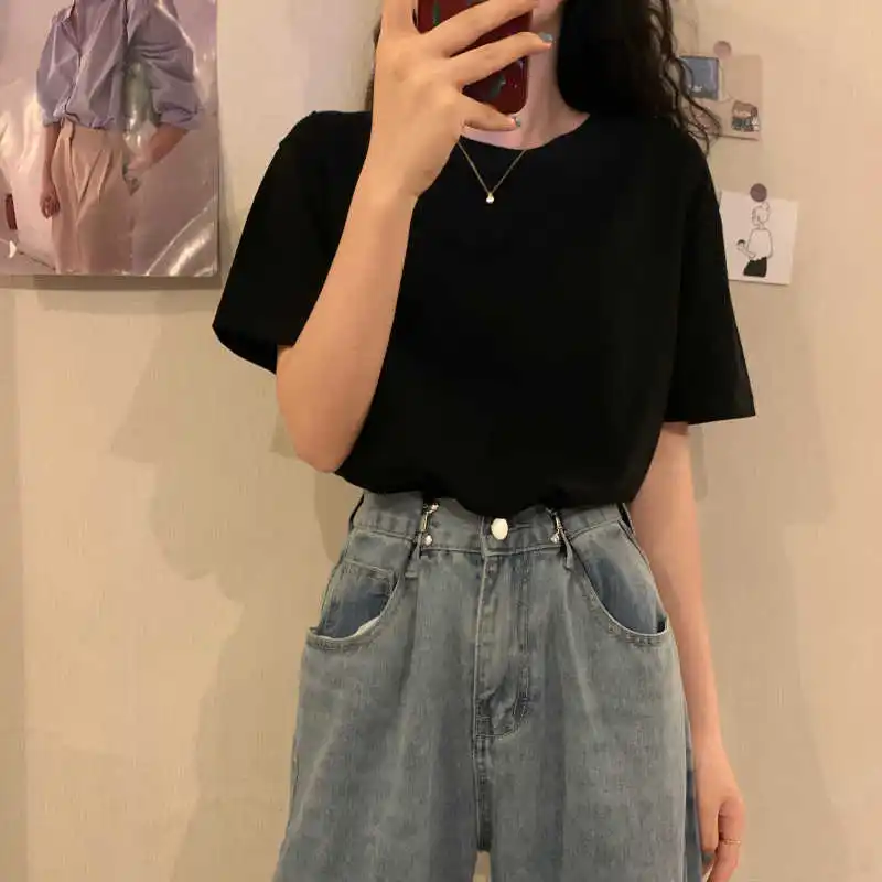 

Summer 2021new Style White Black Cotton Short-Sleeved T-shirt Women's Loose Wine Red Easy Matching Clothes Ins Fashion