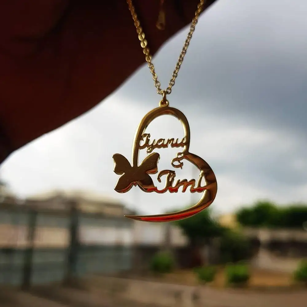 Колье на заказ Золотое имя бабочки ожерелье двойное сердце кулон из нержавеющей