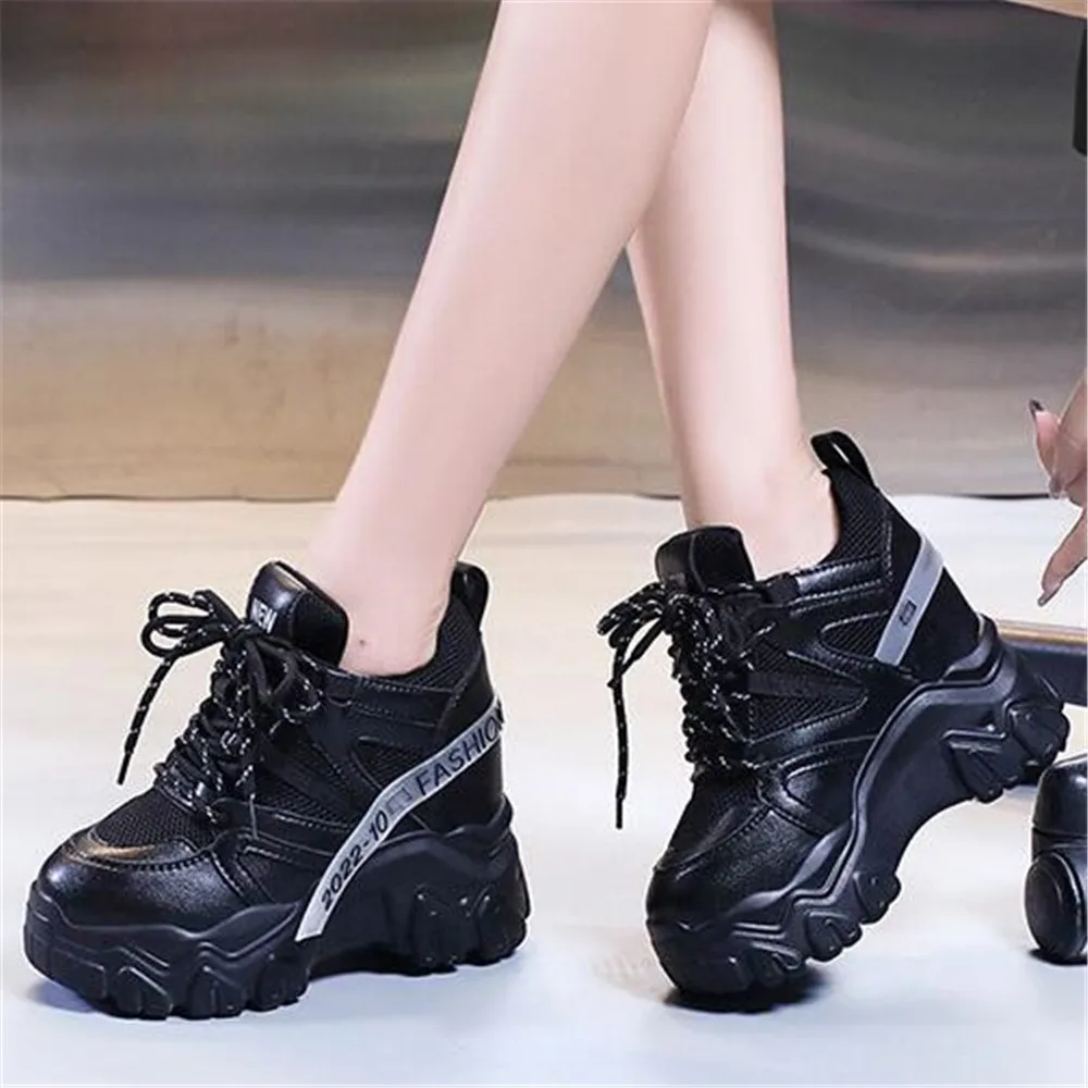 

New Autumn Women Platform Sneakers Breathable Mesh Casual Shoes Female 11 CM Wedge Heels Chunky Footwear Chaussures Femme White