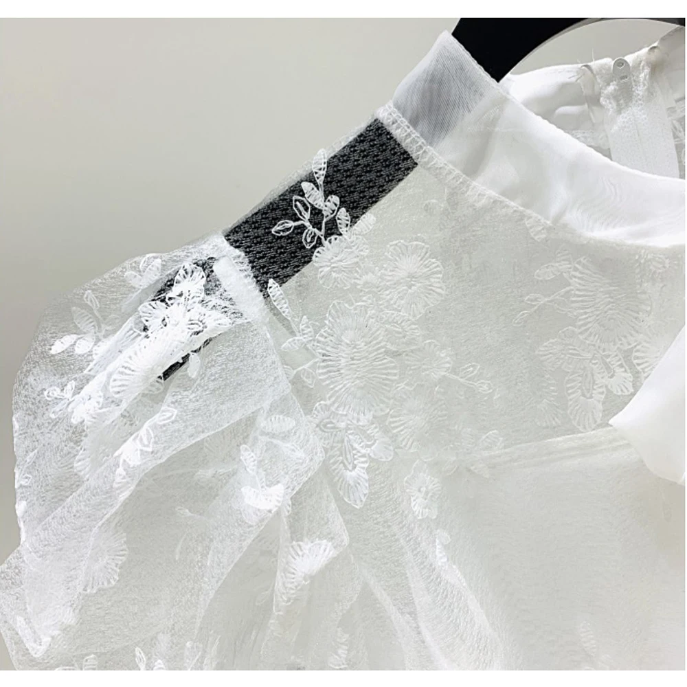 

YUANYUANJYCO Summer Women Short Sweet Lace Blouse XFSCS21Cropped Bow Collar Long Puff Sleeve Flower Perspective Mesh Top 2020