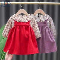 humor bear baby girls clothes set 2022 autumn puff sleeve floral shirt sling dress 2pcs casual toddler infant clothes