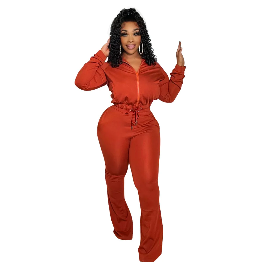 

Zoctuo Pants Set For Girls Sexy Hooded Zipper Solid Trousers Sets For Women Drawstring Casual Female 2 Two Piece Outfits Suits