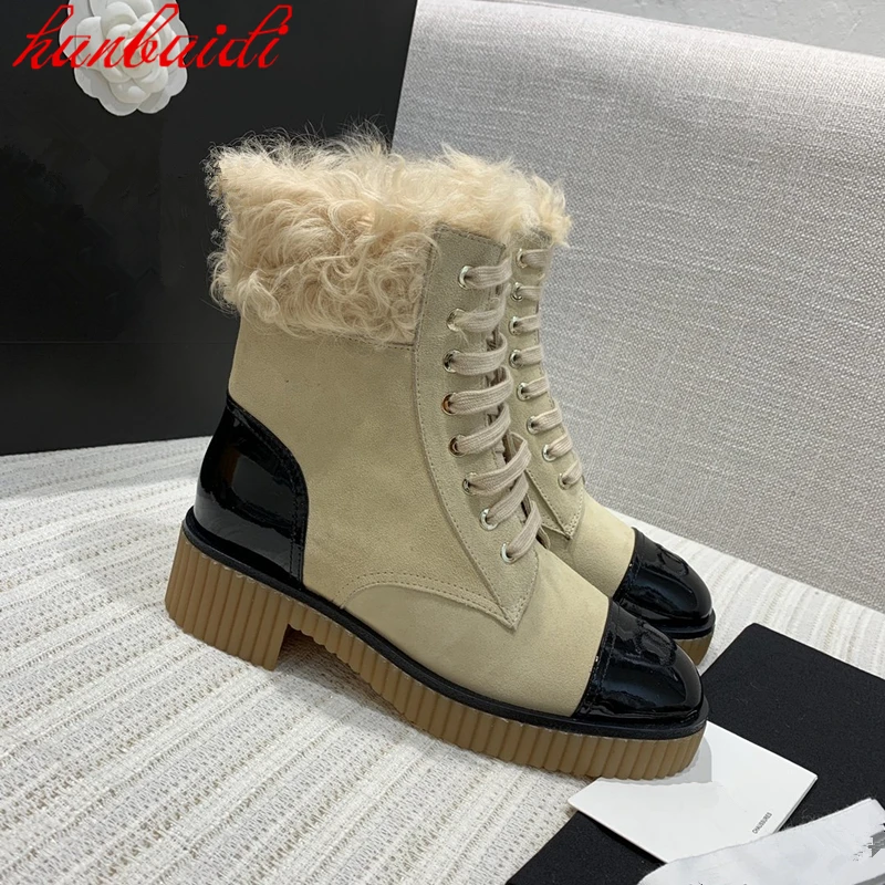 

Fashion Fur Boots Ankle Lace Up Shoes Square Heels Snow Boots British Style Shoes Leather Winter Women Shoes Platform Boots