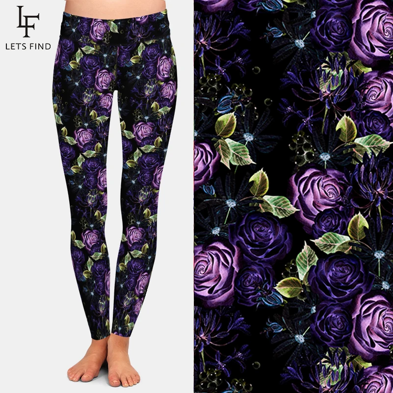 LETSFIND красивые леггинсы для фитнеса с рисунком фиолетовых роз и высокой талией