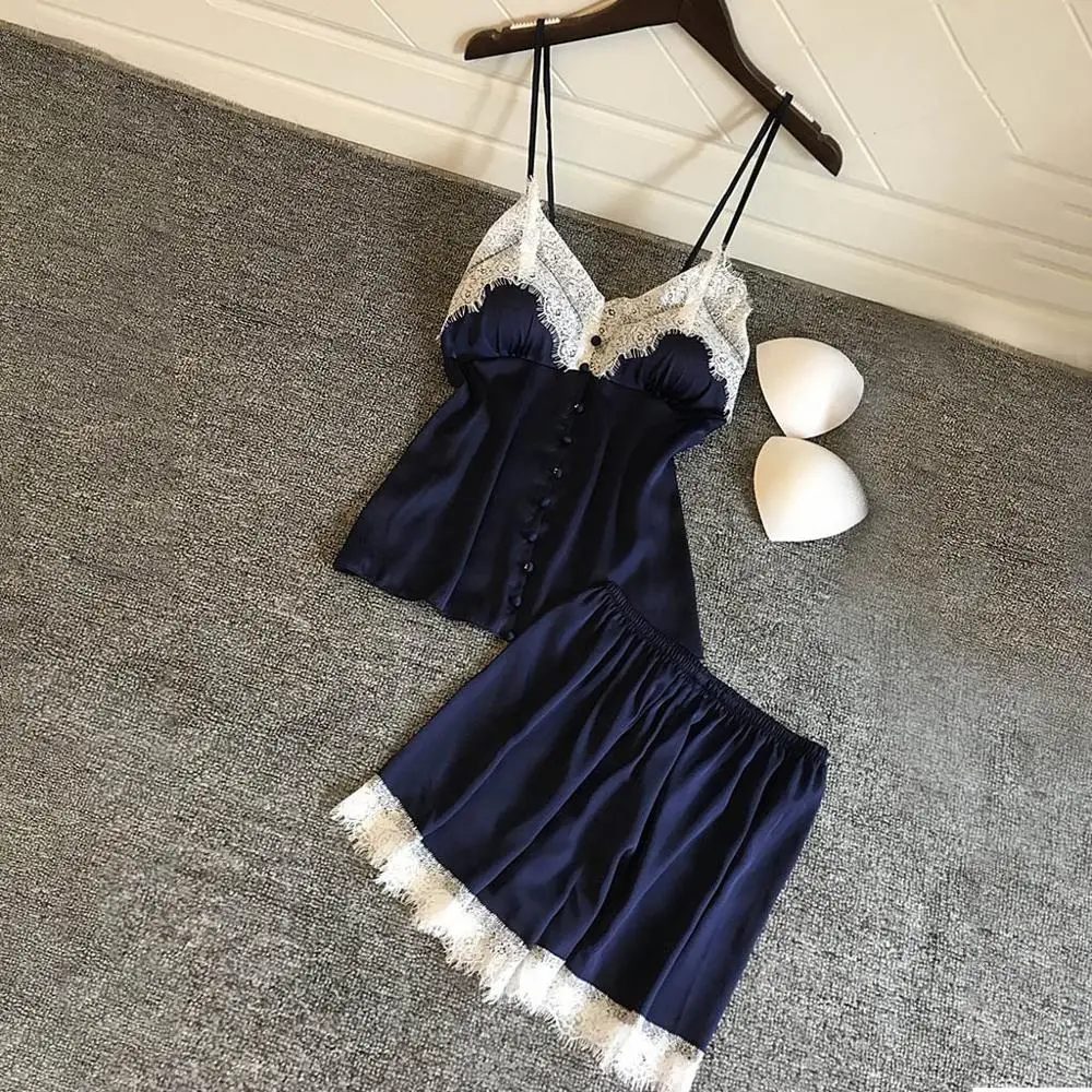 Женская пижама Сексуальный Атласный пижамный комплект белая кружевная Пижама с V