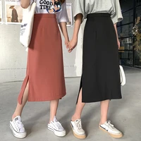 women autumn new fashion korean drape skirt high waist spring femaleside slit solid color a line midi long skirts streetwear