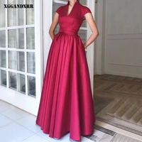 beautiful a line prom dress 2022 satin pleat long skirt red v neck sleeveless evening dress custom made