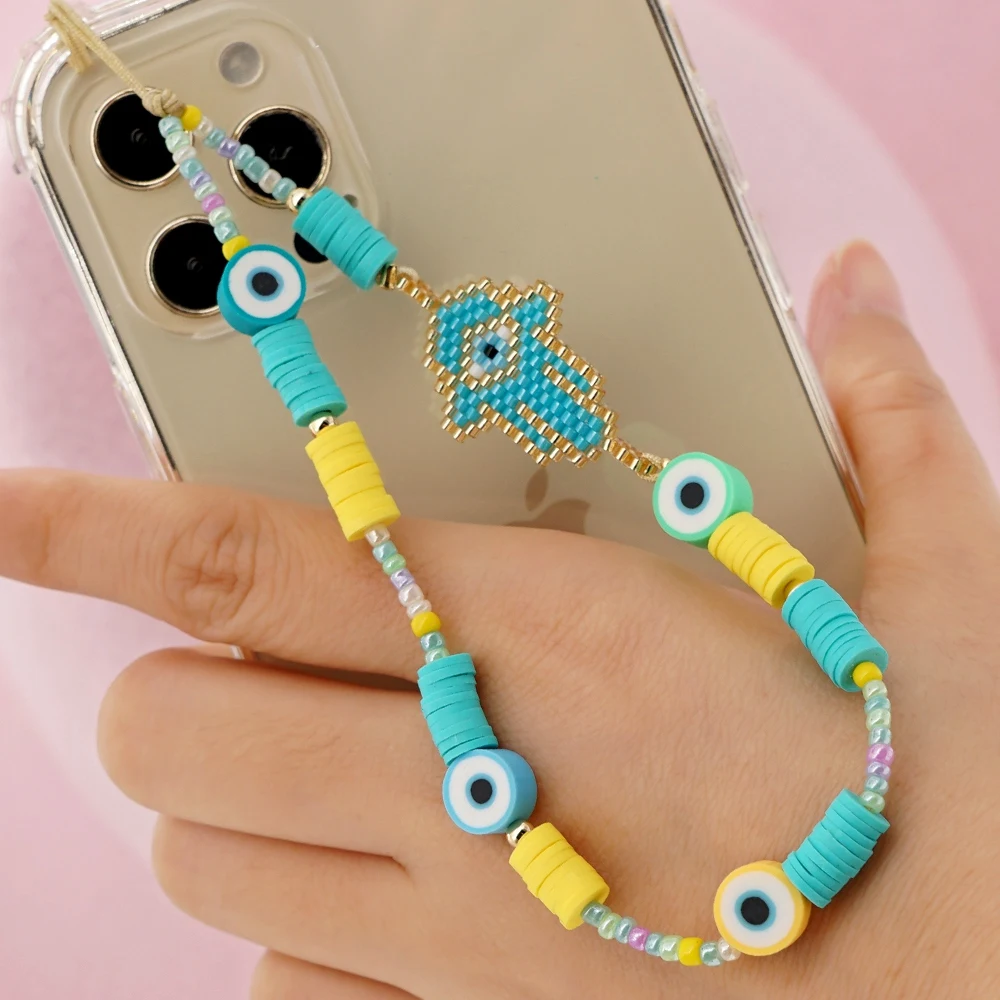 

Trendy Phone Chain Hand Evil Eye Charm For Mobile Phone Strap Clay Beads Telephone Chain Beaded Lanyard