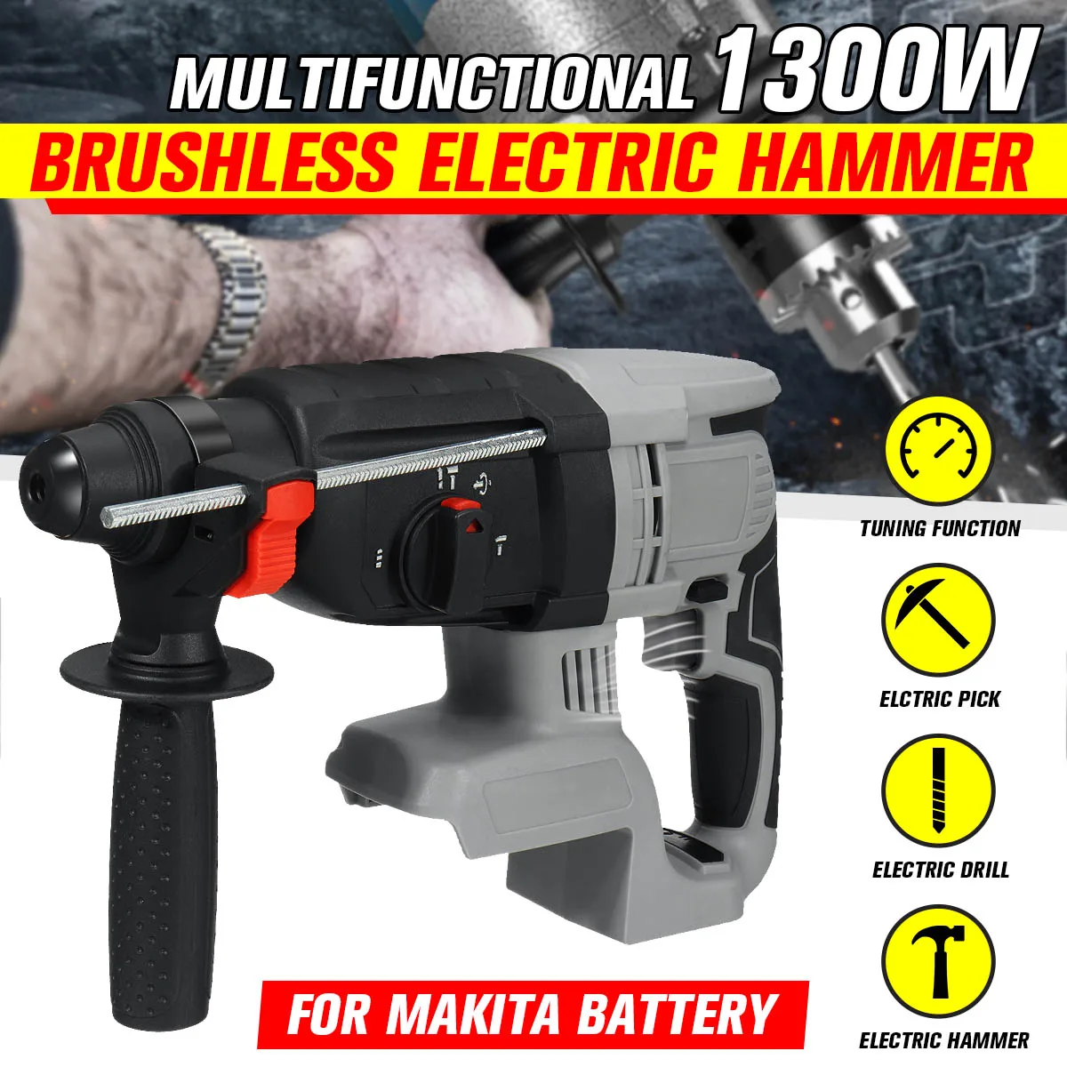 

1300W 21V Rechargeable Brushless Cordless Rotary Hammer Drill Impact Function Electric Hammer Impact Drill For Makita Battery
