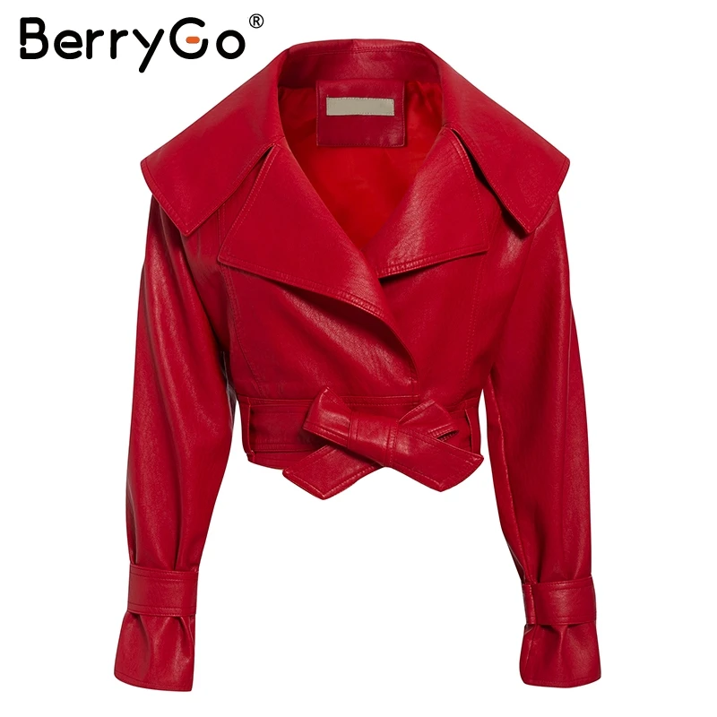 BerryGo Женская куртка из искусственной кожи, пальто с v-образным вырезом и галстуком-бабочкой, мотоциклетная Женская верхняя одежда, Бандажное пальто, высокая уличная Женская Черная Куртка - Цвет: Красный