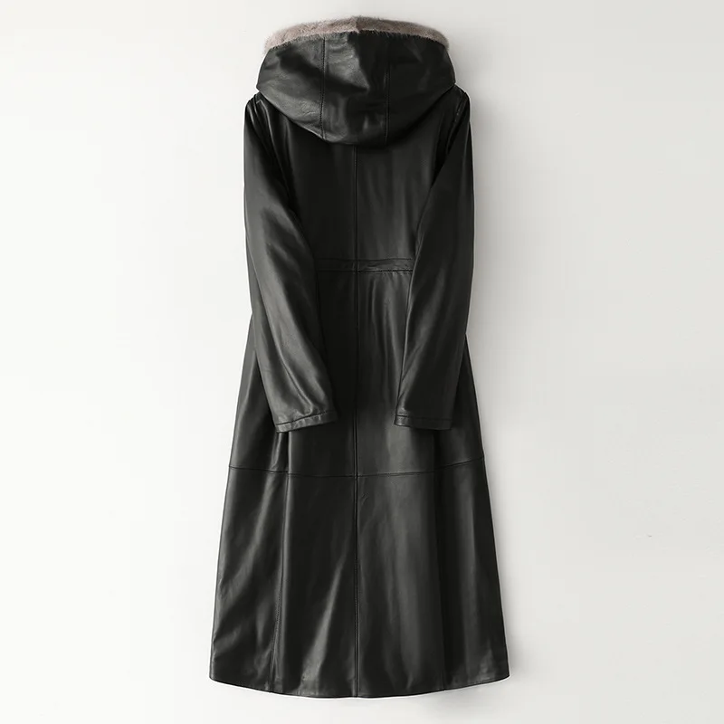 Winter Fashion Genuine Leather Jacket Coat Real Mink Fur Collar Hooded Black Long Coats Plus Size 3XL Chaqueta Cuero Mujer
