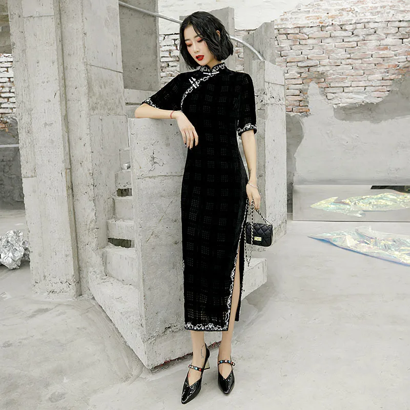 Осенне зимнее женское Платье новый стиль ретро Ципао длинный двойной бархатный