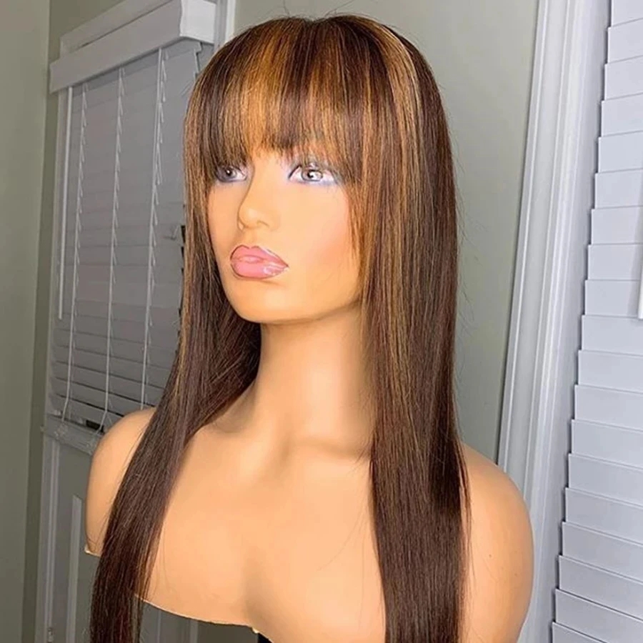 

Highlight 13x6 Lace Front Human Hair Wigs with Bangs Fringe 360 Lace Frontal Wig for Black Women Brazilian Silky Straight Remy